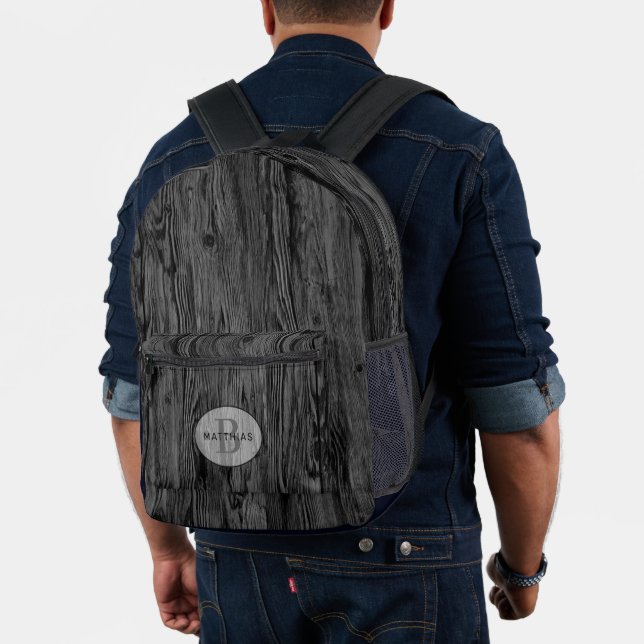 Custom Black Dark Medium Grey Woodgrain Pattern Printed Backpack (Insitu (Model))
