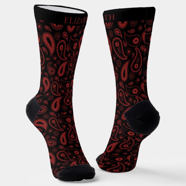 Custom Black Dark Wine Red Maroon Paisley Pattern Socks (Angled)