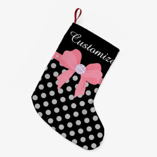 Custom Black Dotted w/Pink Bow & Diamonds Small Christmas Stocking