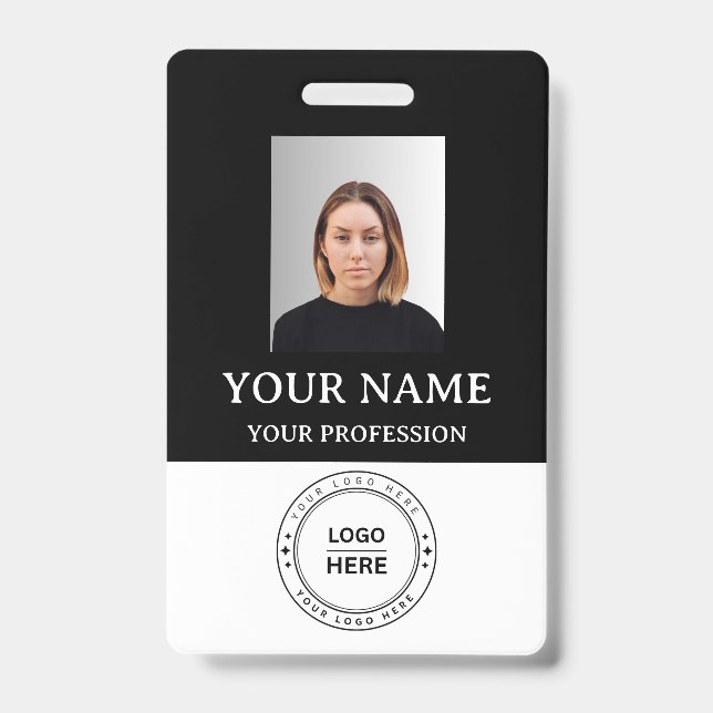 Custom black Employee Badge with Photo, Logo, QR (Front)