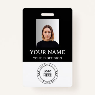 Custom black Employee Badge with Photo, Logo, QR