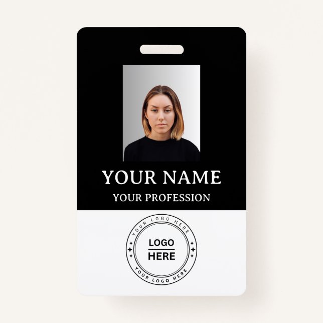 Custom black Employee Badge with Photo, Logo, QR (Front)