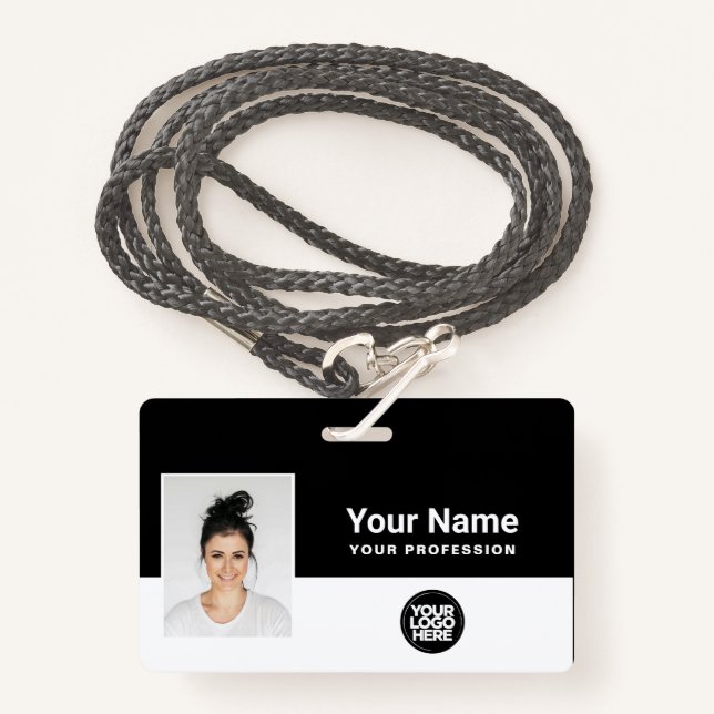 Custom Black Employee Photo Bar Code Logo Lanyard Badge (Front with Lanyard)