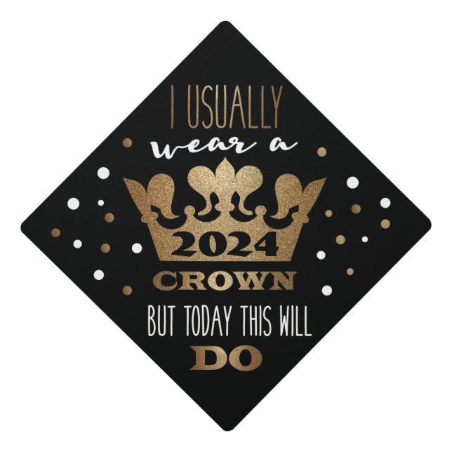 Custom Black Faux Gold Glitter Crown Graduation Cap Topper (Front)