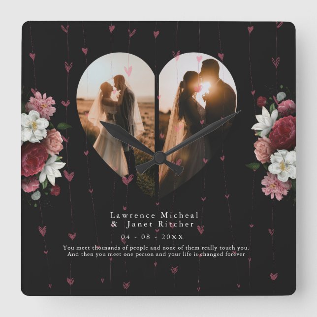 Custom Black Floral couple valentine's Day gifts Square Wall Clock (Front)