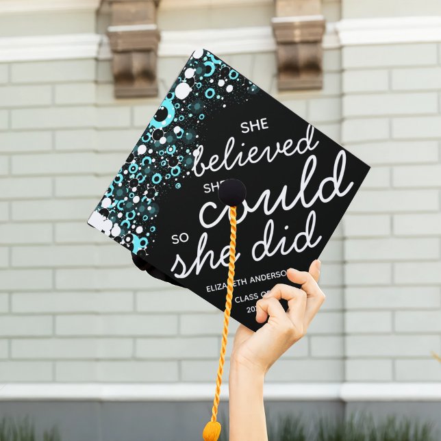 Custom Black Glitter She Believed Graduation Cap Topper (Creator Uploaded)