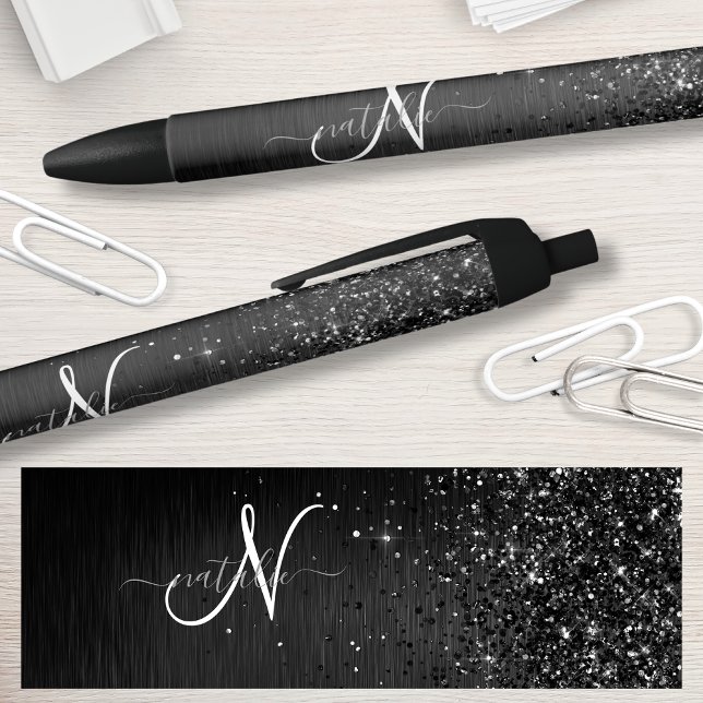 Custom Black Glitter Sparkle Monogram Black Ink Pen (Creator Uploaded)