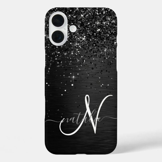 Custom Black Glitter Sparkle Monogram Case-Mate iPhone Case (Back)