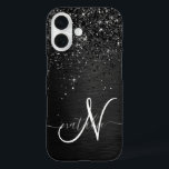 Custom Black Glitter Sparkle Monogram iPhone 16 Case<br><div class="desc">Easily personalize this trendy elegant phone case design featuring pretty black sparkling glitter on a black brushed metallic background.</div>