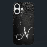 Custom Black Glitter Sparkle Monogram iPhone 16 Case<br><div class="desc">Easily personalize this trendy elegant phone case design featuring pretty black sparkling glitter on a black brushed metallic background.</div>