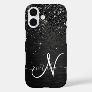 Custom Black Glitter Sparkle Monogram iPhone 16 Case