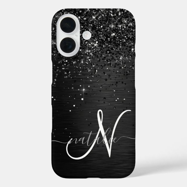 Custom Black Glitter Sparkle Monogram Case-Mate iPhone Case (Back)