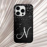 Custom Black Glitter Sparkle Monogram iPhone 15 Pro Case<br><div class="desc">Easily personalize this trendy elegant phone case design featuring pretty black sparkling glitter on a black brushed metallic background.</div>