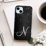 Custom Black Glitter Sparkle Monogram iPhone 15 Mini Case<br><div class="desc">Easily personalize this trendy elegant phone case design featuring pretty black sparkling glitter on a black brushed metallic background.</div>