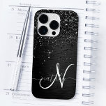 Custom Black Glitter Sparkle Monogram Case-Mate iPhone 14 Pro Case<br><div class="desc">Easily personalize this trendy elegant phone case design featuring pretty black sparkling glitter on a black brushed metallic background.</div>