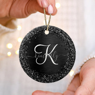 Custom Black Glitter Sparkle Monogram Ceramic Ornament