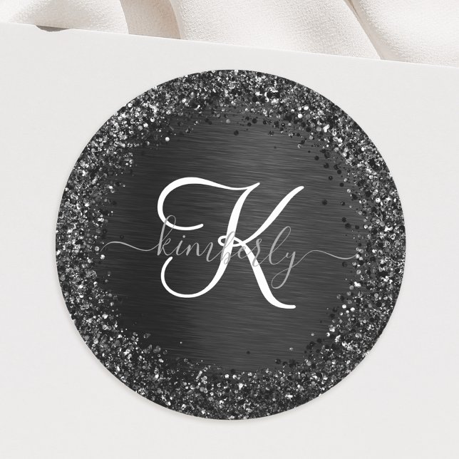 Custom Black Glitter Sparkle Monogram Classic Round Sticker (Creator Uploaded)
