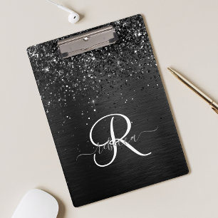 Custom Black Glitter Sparkle Monogram Clipboard