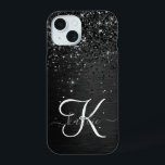Custom Black Glitter Sparkle Monogram iPhone 15 Case<br><div class="desc">Easily personalize this trendy elegant phone case design featuring pretty black sparkling glitter on a black brushed metallic background.</div>