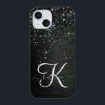 Custom Black Glitter Sparkle Monogram iPhone 15 Case<br><div class="desc">Easily personalize this trendy elegant phone case design featuring pretty black sparkling glitter on a black brushed metallic background.</div>