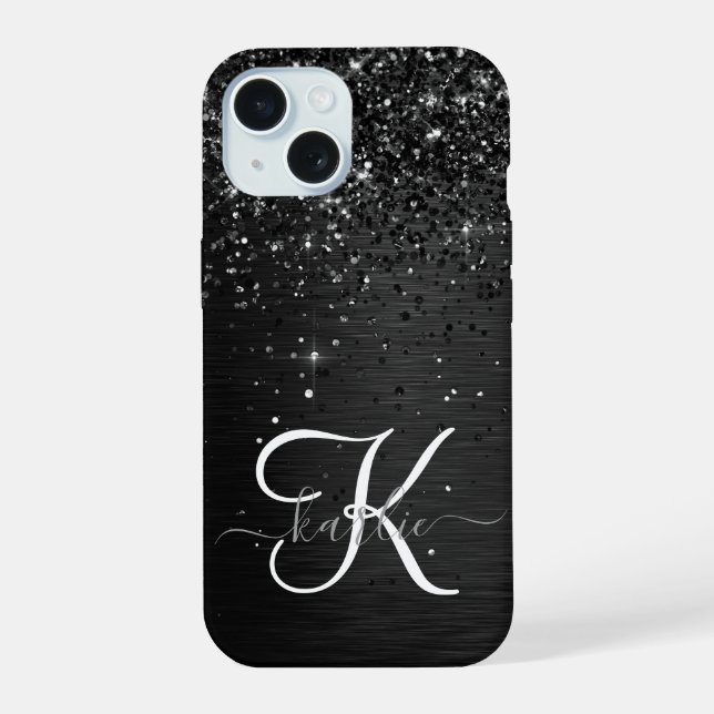 Custom Black Glitter Sparkle Monogram iPhone 15 Case (Back)