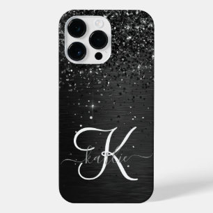 Custom Black Glitter Sparkle Monogram iPhone 14 Pro Max Case