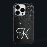 Custom Black Glitter Sparkle Monogram iPhone 14 Pro Case<br><div class="desc">Easily personalize this trendy elegant phone case design featuring pretty black sparkling glitter on a black brushed metallic background.</div>