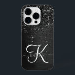 Custom Black Glitter Sparkle Monogram iPhone 14 Pro Case<br><div class="desc">Easily personalize this trendy elegant phone case design featuring pretty black sparkling glitter on a black brushed metallic background.</div>