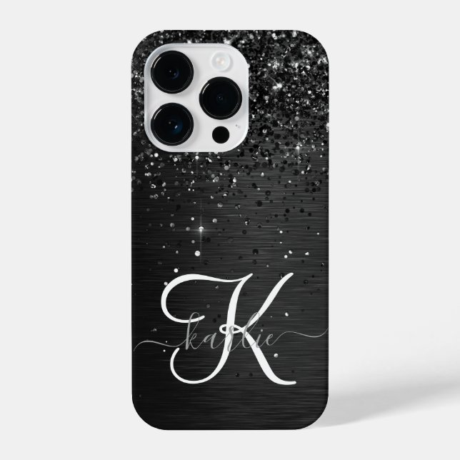 Custom Black Glitter Sparkle Monogram iPhone Case (Back)