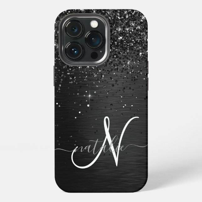 Custom Black Glitter Sparkle Monogram iPhone Case (Back)