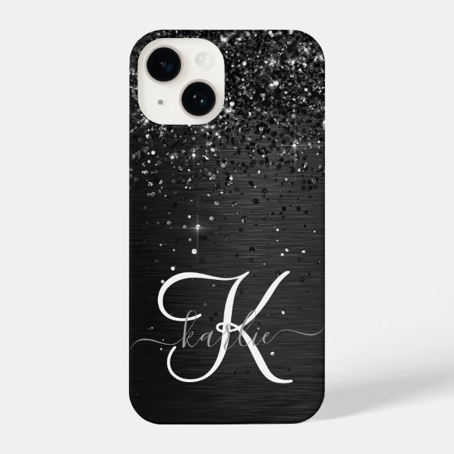 Custom Black Glitter Sparkle Monogram iPhone Case (Back)