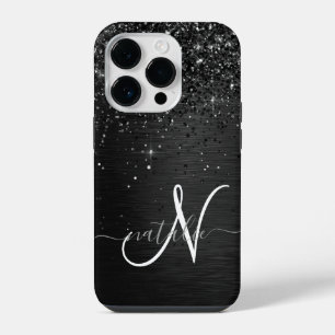 Custom Black Glitter Sparkle Monogram iPhone 14 Pro Case