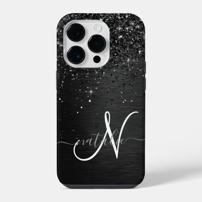 Custom Black Glitter Sparkle Monogram iPhone Case (Back)
