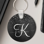 Custom Black Glitter Sparkle Monogram Keychain<br><div class="desc">Easily personalize this trendy elegant keychain design featuring pretty black sparkling glitter on a black brushed metallic background.</div>