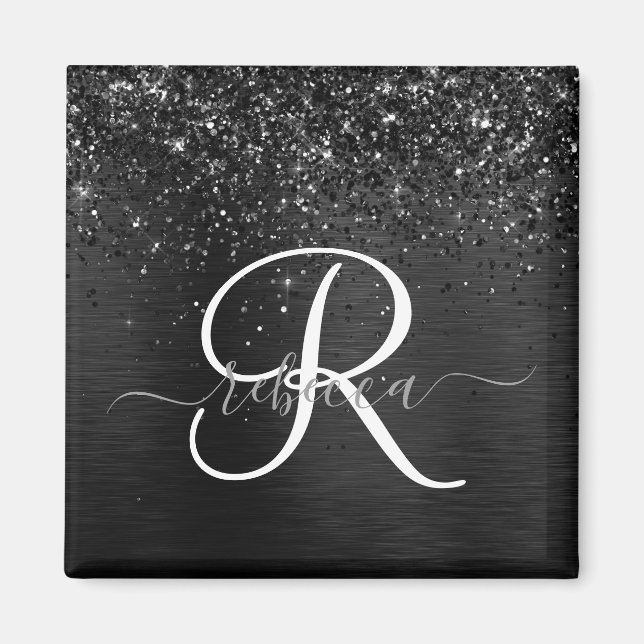 Custom Black Glitter Sparkle Monogram Magnet (Front)