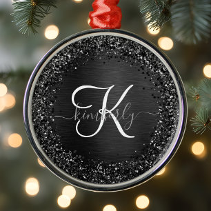 Custom Black Glitter Sparkle Monogram Metal Ornament
