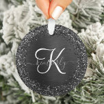 Custom Black Glitter Sparkle Monogram Ornament<br><div class="desc">Easily personalize this trendy elegant ornament design featuring pretty black sparkling faux glitter on a black brushed metallic background.</div>
