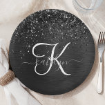 Custom Black Glitter Sparkle Monogram Paper Plate<br><div class="desc">Easily personalize this trendy elegant paper plate design featuring pretty black sparkling glitter on a black brushed metallic background.</div>