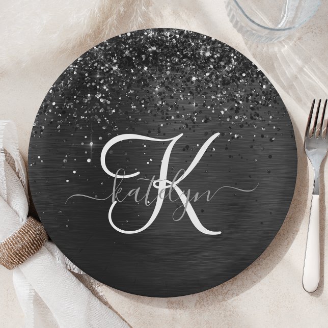  Custom Black Glitter Sparkle Monogram Paper Plate (Creator Uploaded)