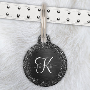 Custom Black Glitter Sparkle Monogram Pet Tag