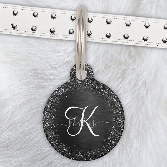 Custom Black Glitter Sparkle Monogram Pet Tag (Creator Uploaded)