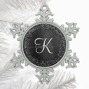 Custom Black Glitter Sparkle Monogram Snowflake Pewter Christmas Ornament