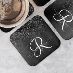 Custom Black Glitter Sparkle Monogram Square Paper Coaster<br><div class="desc">Easily personalize this trendy elegant square paper coaster design featuring pretty black sparkling glitter on a black brushed metallic background.</div>
