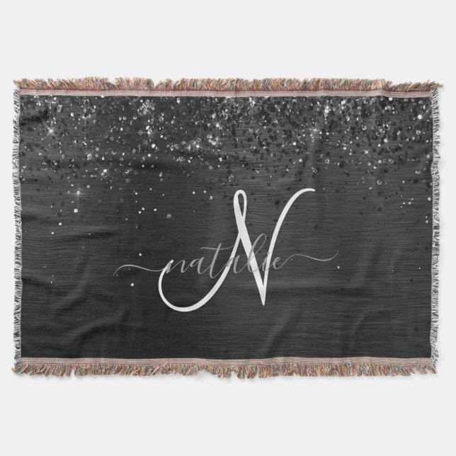 Custom Black Glitter Sparkle Monogram Throw Blanket (Front)