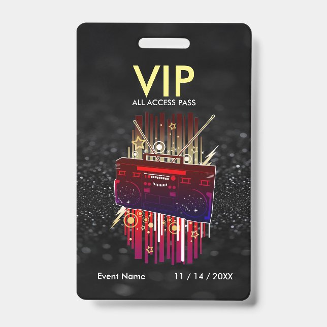 Custom Black Glitter VIP Pass For Events Badge (Front)