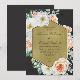 Custom Black Gold and Roses Peach Wedding Invitation