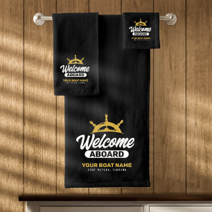 Custom Black & Gold Boat Name Welcome Aboard Bath Towel Set