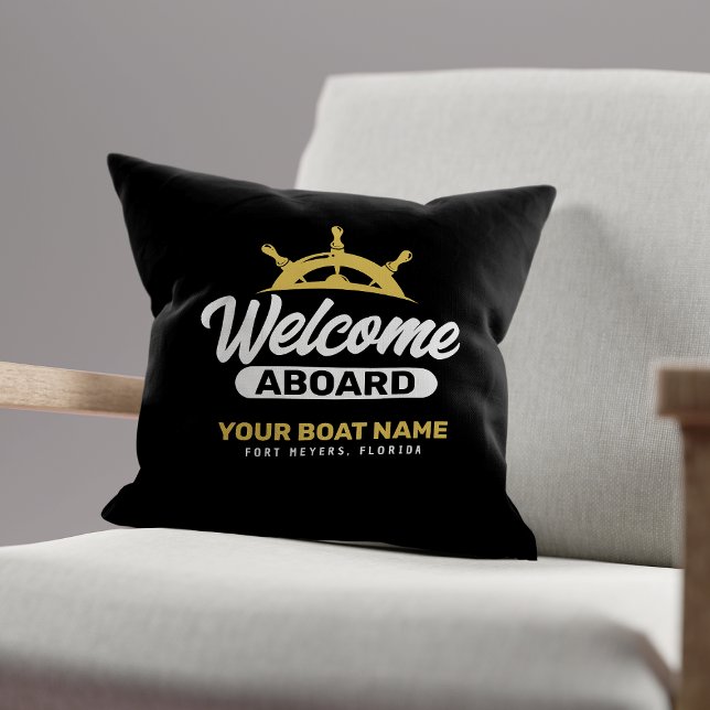  Custom Black & Gold Boat Name Welcome Aboard Throw Pillow (Creator Uploaded)