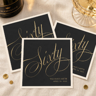 Custom Black Gold Calligraphy Script 60th Birthday Napkin