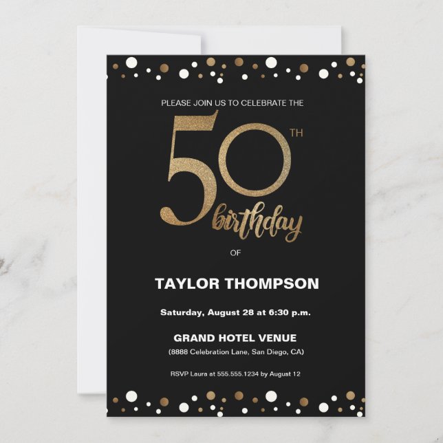 Custom Black Gold Confetti Classic 50th Party Invitation (Front)